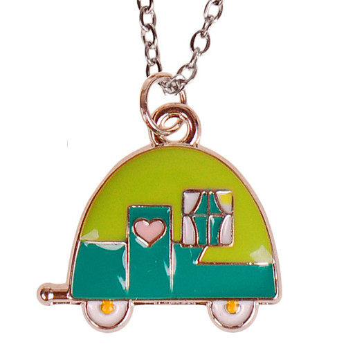 Ketting Zilverkleurig 55cm - Hangertje Caravan blauw/groen zilverkleurig geëmailleerd 2cm