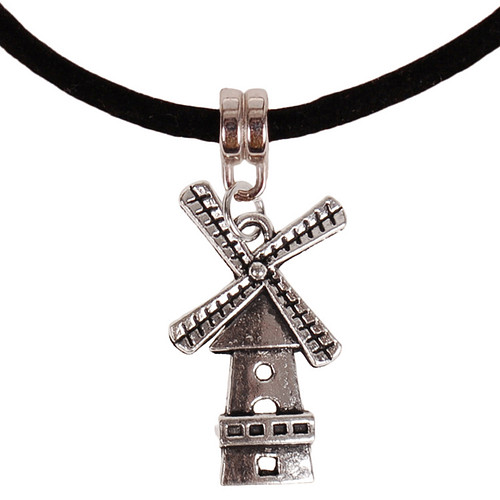 Veterketting Zwart Fluweel - Zilverkleurige Sluiting - 45cm - Hangertje Molen zilverkleurig 2,5cm