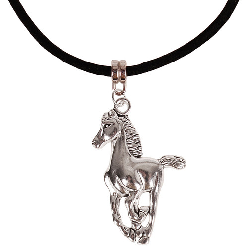 Veterketting Zwart Fluweel - Zilverkleurige Sluiting - 45cm - Hanger Paard zilverkleurig 4x2,5cm