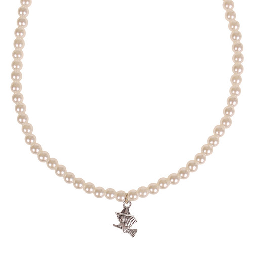 Parelketting Ivoorkleurige Imitatie Parels 6mm - Kindermaat - Hangertje Heksje zilverkleurig 1,5cm