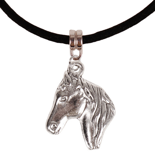 Veterketting Zwart Fluweel - Zilverkleurige Sluiting - 45cm - Hangertje Paardenhoofd zilverkleurig 2,8x2,3cm
