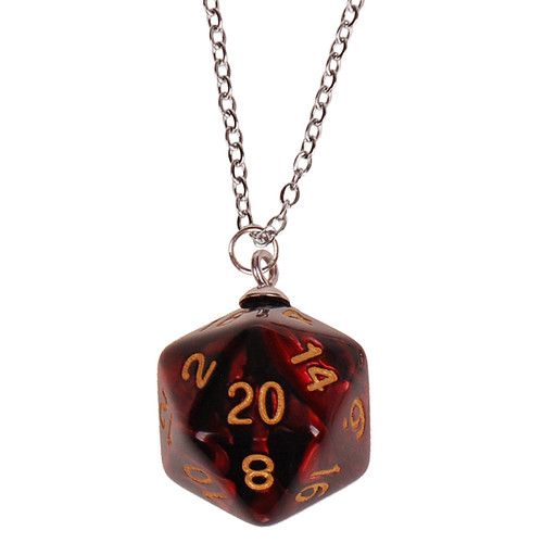 Kinderketting Zilverkleurig 45cm - Hanger DnD D20 dobbelsteen zwart/rood 2,5cm