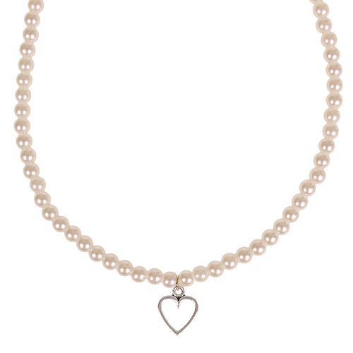 Parelketting Ivoorkleurige Imitatie Parels 6mm - Kindermaat - Hangertje Hartje zilverkleurig 1,2cm