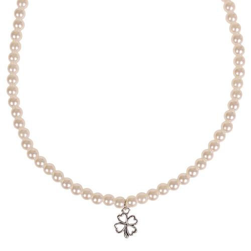 Parelketting Ivoorkleurige Imitatie Parels 6mm - Kindermaat - Hangertje Klavertje vier zilverkleurig 1,5cm