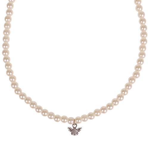 Parelketting Ivoorkleurige Imitatie Parels 6mm - Kindermaat - Hangertje Bijtje zilverkleurig 1cm