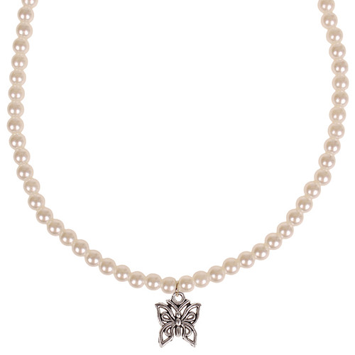 Parelketting Ivoorkleurige Imitatie Parels 6mm - Kindermaat - Hangertje Vlinder zilverkleurig 1,2cm