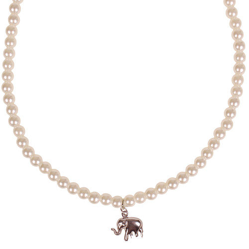 Parelketting Ivoorkleurige Imitatie Parels 6mm - Kindermaat - Hangertje Olifant zilverkleurig 1,5cm