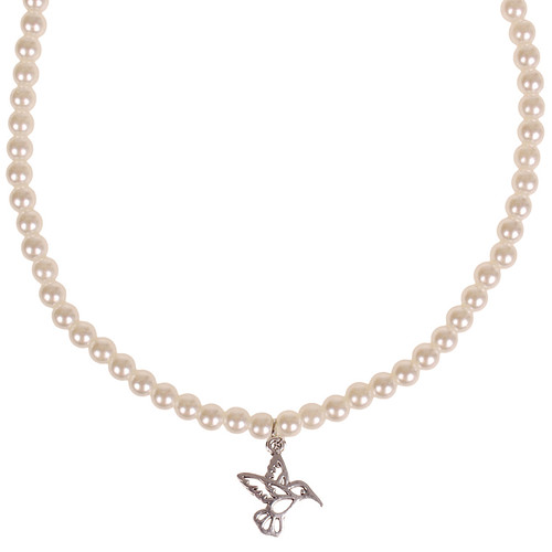 Parelketting Ivoorkleurige Imitatie Parels 6mm - Kindermaat - Hangertje Kolibrie zilverkleurig 1,8cm