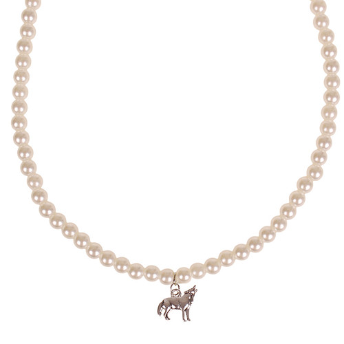Parelketting Ivoorkleurige Imitatie Parels 6mm - Kindermaat - Hangertje Huilende Wolf zilverkleurig 1,8cm