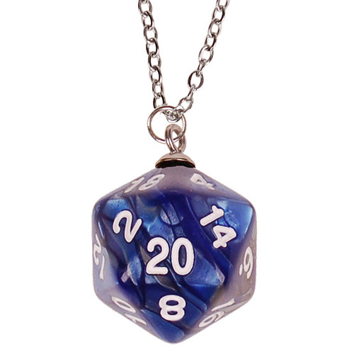 Kinderketting Zilverkleurig 45cm - Hanger DnD D20 dobbelsteen blauw/grijs 2,5cm