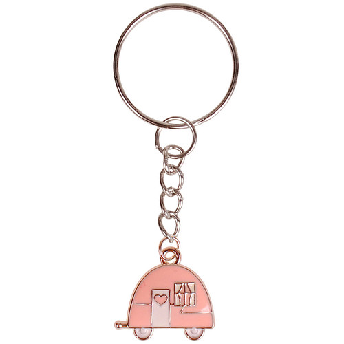Sleutelhanger/Tashangertje - Zilverkleurige Sleutelring - Hangertje Caravan roze zilverkleurig geëmailleerd 2cm