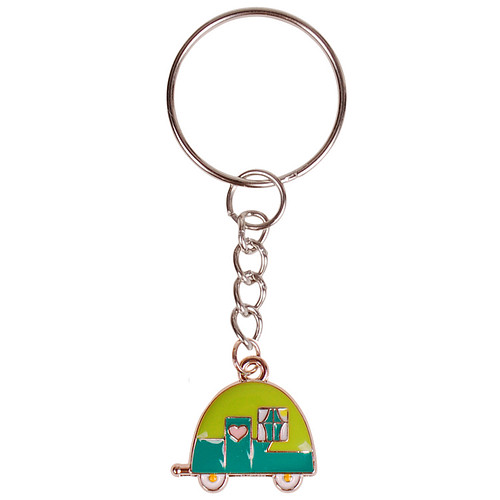 Sleutelhanger/Tashangertje - Zilverkleurige Sleutelring - Hangertje Caravan blauw/groen zilverkleurig geëmailleerd 2cm