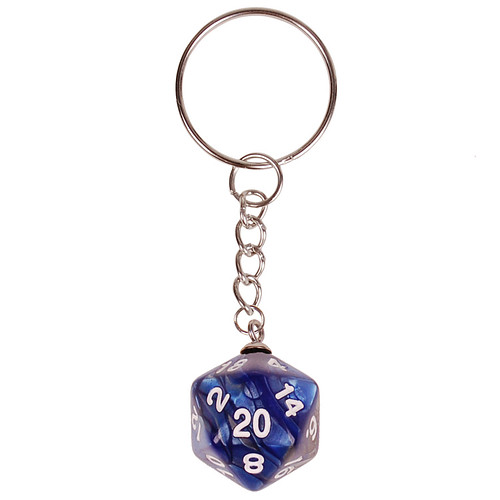 Sleutelhanger/Tashangertje - Zilverkleurige Sleutelring - DnD D20 dobbelsteen blauw/grijs