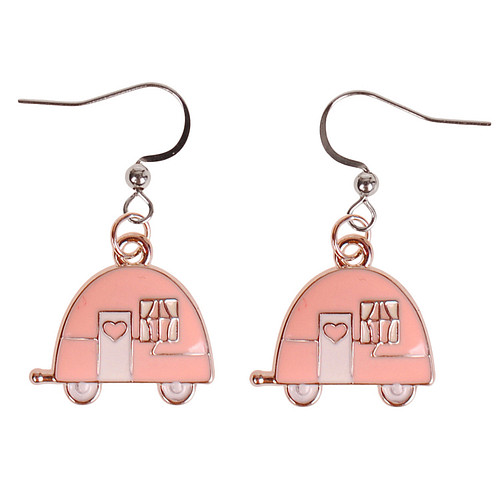 Oorbellen Zilverkleurig - Hangertje Caravan roze zilverkleurig geëmailleerd 2cm