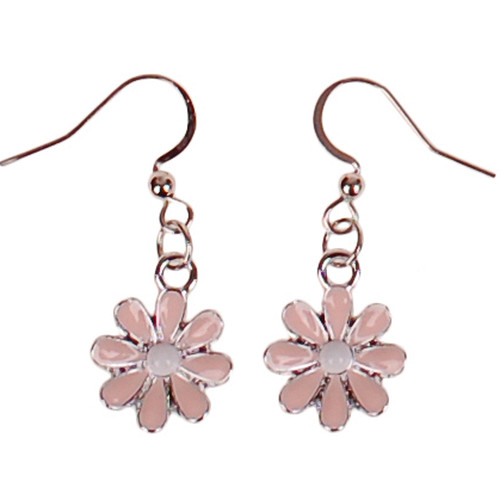 Oorbellen Zilverkleurig - Hangertjes Roze Emaille Bloemetje Zilverkleurig 1,5cm