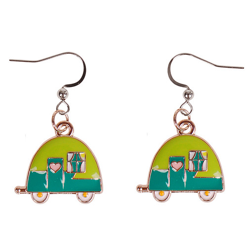 Oorbellen Zilverkleurig - Hangertje Caravan blauw/groen zilverkleurig geëmailleerd 2cm