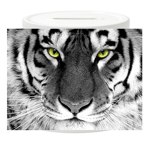 Spaarpot - Tijgerkop Zwart/Wit met gekleurde Ogen