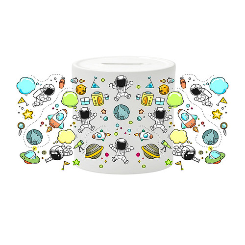 Spaarpot - Ruimte Astronaut - Planeten - Raketten getekend