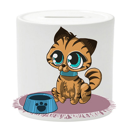 Spaarpot - Poesje met Voerbak Grote ogen - Getekend