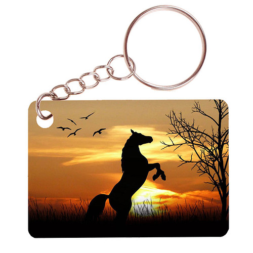 Sleutelhanger 6x4cm - Paard Steigerend in Bos Sunset