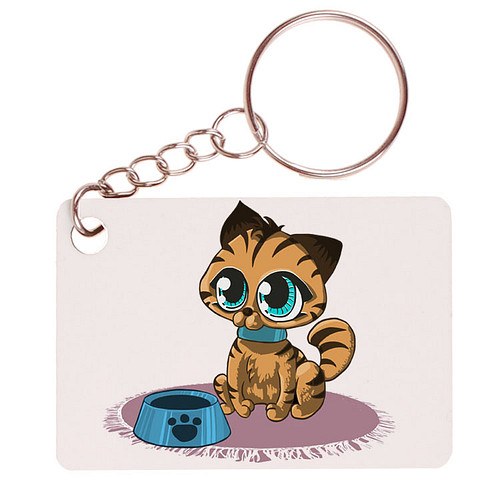 Sleutelhanger 6x4cm - Poesje met Voerbak Grote ogen - Getekend