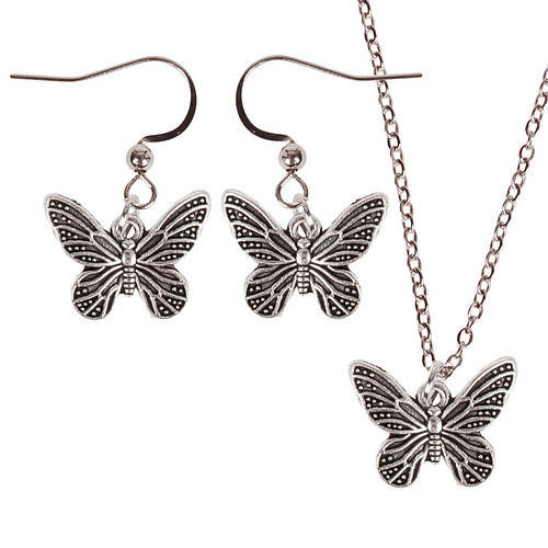 Set - Kinderketting 45cm - Oorbellen Zilverkleurig - Hangertje Vlindertje zilverkleurig 2cm