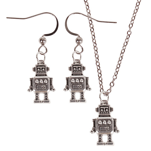 Set - Kinderketting 45cm - Oorbellen Zilverkleurig - Hangertje Robot zilverkleurig 2cm