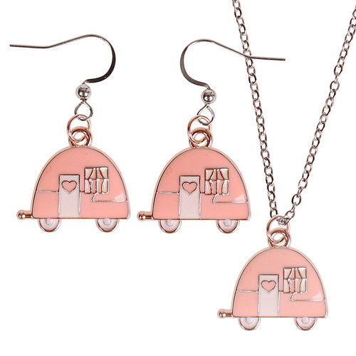 Set - Kinderketting 45cm - Oorbellen Zilverkleurig - Hangertje Caravan roze zilverkleurig geëmailleerd 2cm