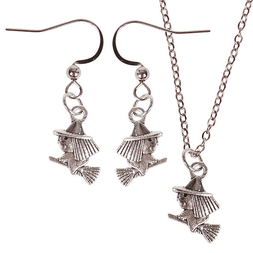 Set - Kinderketting 45cm - Oorbellen Zilverkleurig - Hangertje Heksje zilverkleurig 1,5cm