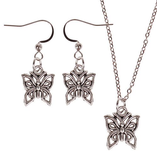Set - Ketting 55cm - Oorbellen Zilverkleurig - Hangertje Vlinder zilverkleurig 1,2cm