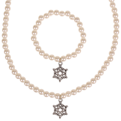 Set - Kinderketting en armbandje - ivoorkleurige immitatieparels 6mm - Hangertje sneeuwvlokje zilverkleurig 1,2cm