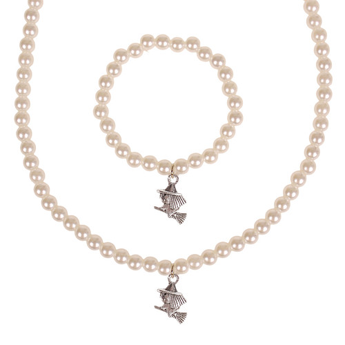 Set - Kinderketting en armbandje - ivoorkleurige immitatieparels 6mm - Hangertje Heksje zilverkleurig 1,5cm