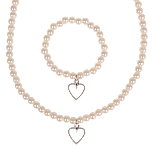 Set - Kinderketting en armbandje - ivoorkleurige immitatieparels 6mm - Hangertje Hartje zilverkleurig 1,2cm