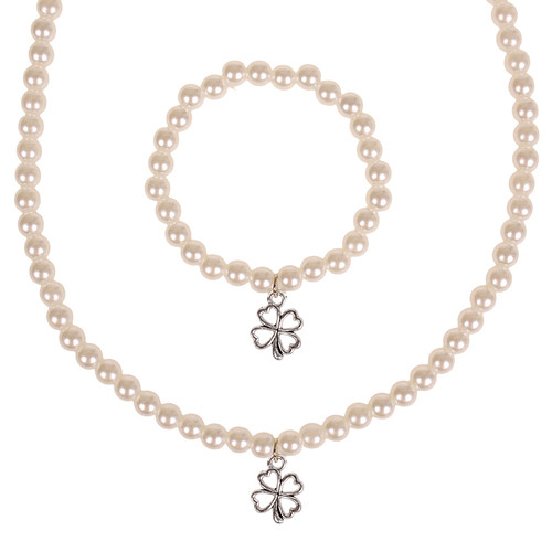 Set - Kinderketting en armbandje - ivoorkleurige immitatieparels 6mm - Hangertje Klavertje vier zilverkleurig 1,5cm