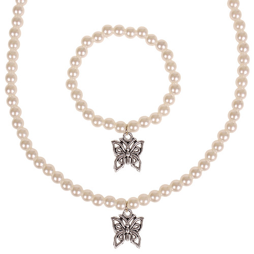Set - Kinderketting en armbandje - ivoorkleurige immitatieparels 6mm - Hangertje Vlinder zilverkleurig 1,2cm
