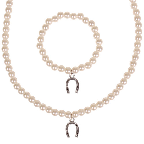 Set - Kinderketting en armbandje - ivoorkleurige immitatieparels 6mm - Hangertje Hoefijzer zilverkleurig 1cm