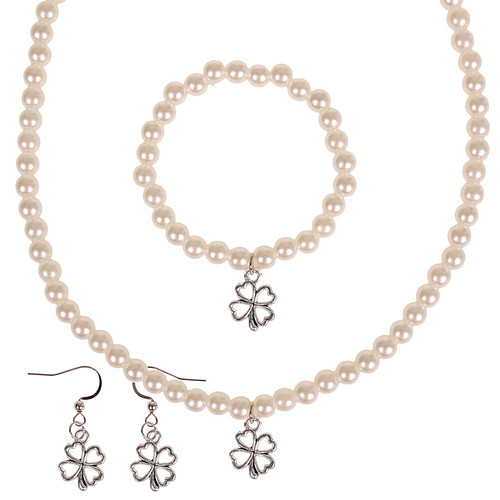 Set - Kinderketting, armbandje en oorbellen - ivoorkleurige immitatieparels 6mm - Hangertje Klavertje vier zilverkleurig 1,5cm