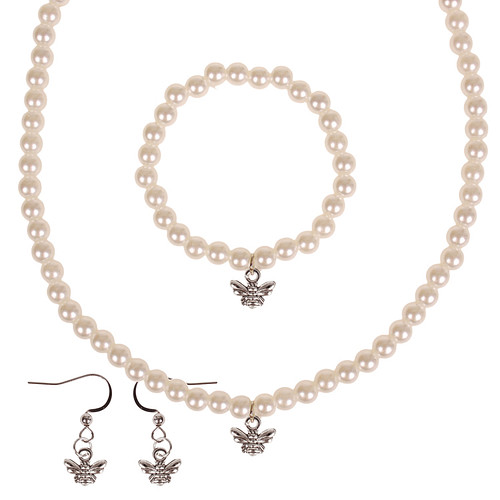 Set - Kinderketting, armbandje en oorbellen - ivoorkleurige immitatieparels 6mm - Hangertje Bijtje zilverkleurig 1cm