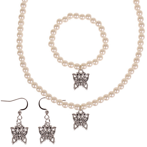 Set - Kinderketting, armbandje en oorbellen - ivoorkleurige immitatieparels 6mm - Hangertje Vlinder zilverkleurig 1,2cm