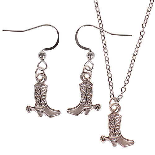 Set - Kinderketting 45cm - Oorbellen Zilverkleurig - Hangertje Cowboylaars zilverkleurig 1,3cm