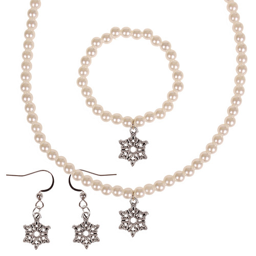 Set - Kinderketting, armbandje en oorbellen - ivoorkleurige immitatieparels 6mm - Hangertje sneeuwvlokje zilverkleurig 1,2cm