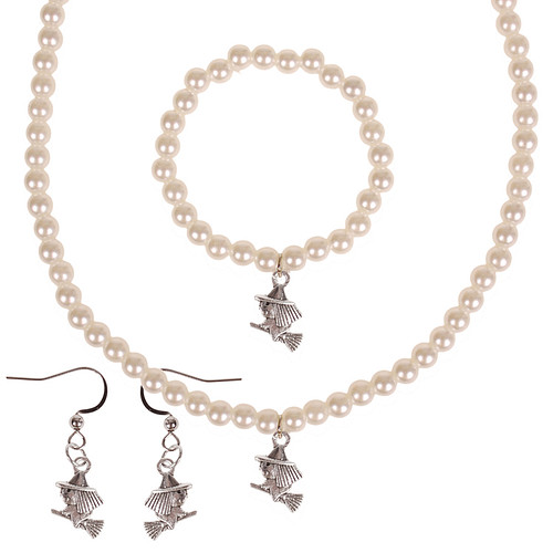 Set - Kinderketting, armbandje en oorbellen - ivoorkleurige immitatieparels 6mm - Hangertje Heksje zilverkleurig 1,5cm