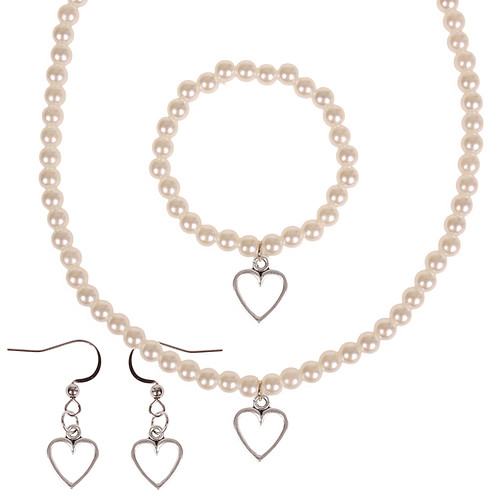Set - Kinderketting, armbandje en oorbellen - ivoorkleurige immitatieparels 6mm - Hangertje Hartje zilverkleurig 1,2cm