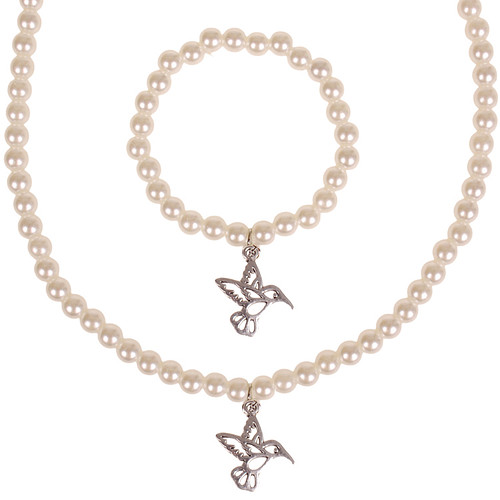 Set - Kinderketting en armbandje - ivoorkleurige immitatieparels 6mm - Hangertje Kolibrie zilverkleurig 1,8cm
