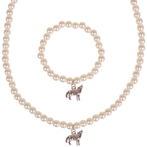 Set - Kinderketting en armbandje - ivoorkleurige immitatieparels 6mm - Hangertje Huilende Wolf zilverkleurig 1,8cm