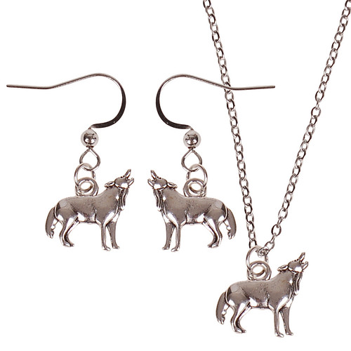 Set - Kinderketting 45cm - Oorbellen Zilverkleurig - Hangertje Huilende Wolf zilverkleurig 1,8cm