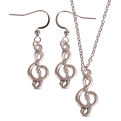 Set - Kinderketting 45cm - Oorbellen Zilverkleurig - Hangertje Muzieksleutel zilverkleurig 2cm