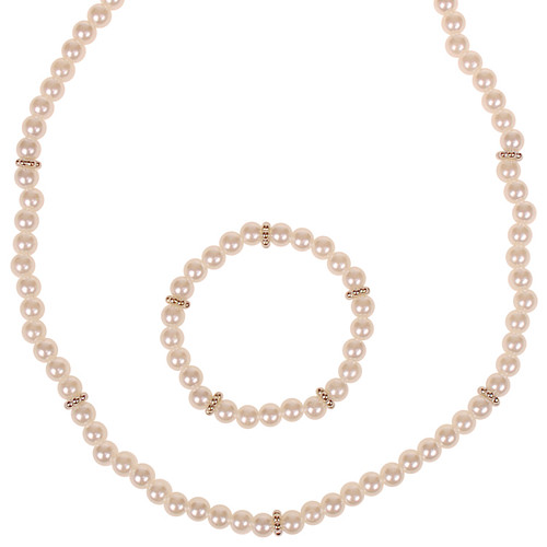 Set - Kinderketting en Kinderarmbandje - Ivoorkleurige Imitatiepareltjes 6mm - Zilverkleurige Spacers - Elastisch