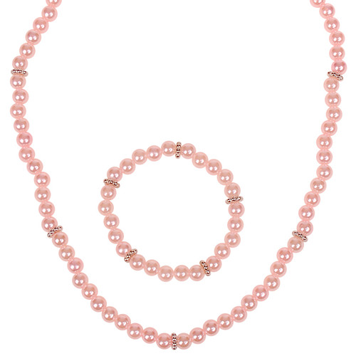 Set - Kinderketting en Kinderarmbandje - Lichtroze Imitatiepareltjes 6mm - Zilverkleurige Spacers - Elastisch