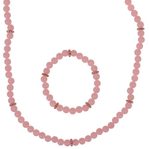 Set - Kinderketting en Kinderarmbandje - Roze gewolkte kraaltjes 6mm - Zilverkleurige Spacers - Elastisch